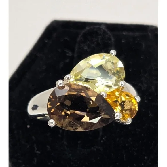 Michelle Albala 925 Sterling Silver Smoky Quartz Citrine Peridot Ring Sz 7.25 - Picture 1 of 12